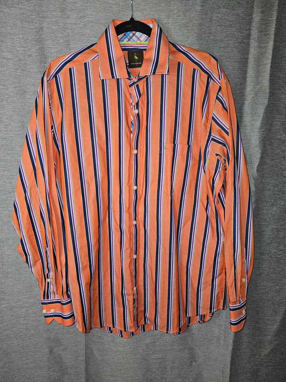 Tailorbyrd Shirt Men Large Orange Stripe Flip Cuff Business Office Dress Casual